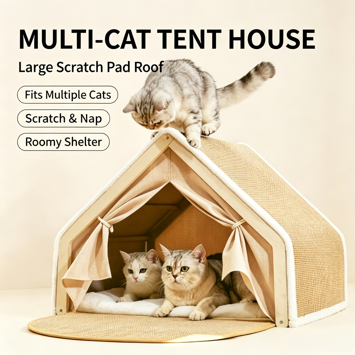Foldable Cat Tent House with Sisal Scratching Roof