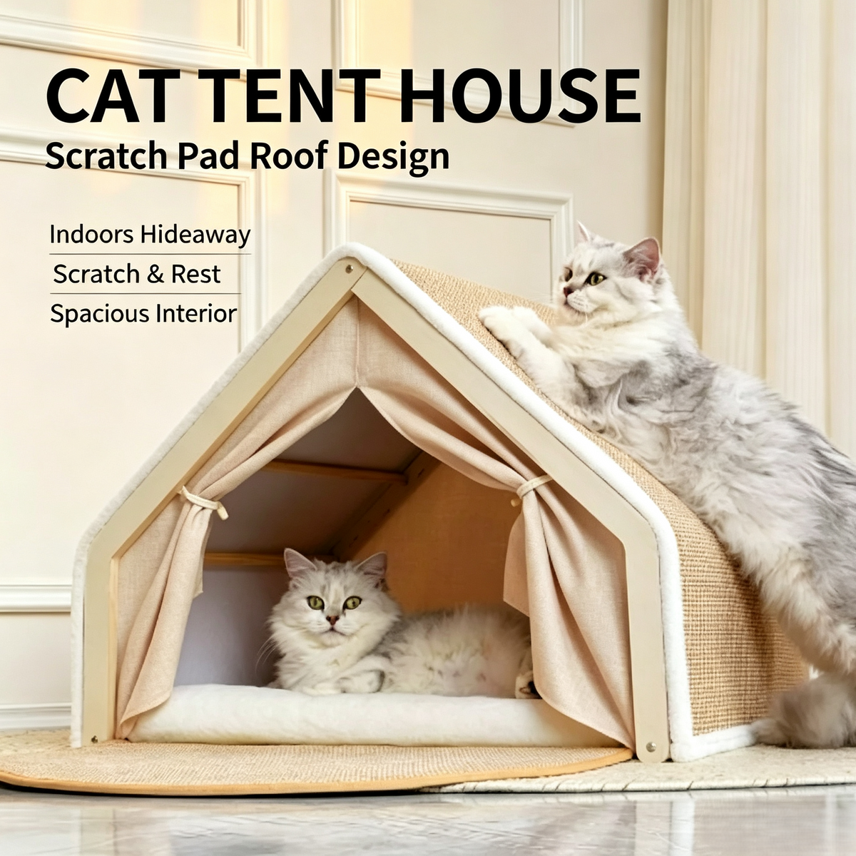 Foldable Cat Tent House with Sisal Scratching Roof
