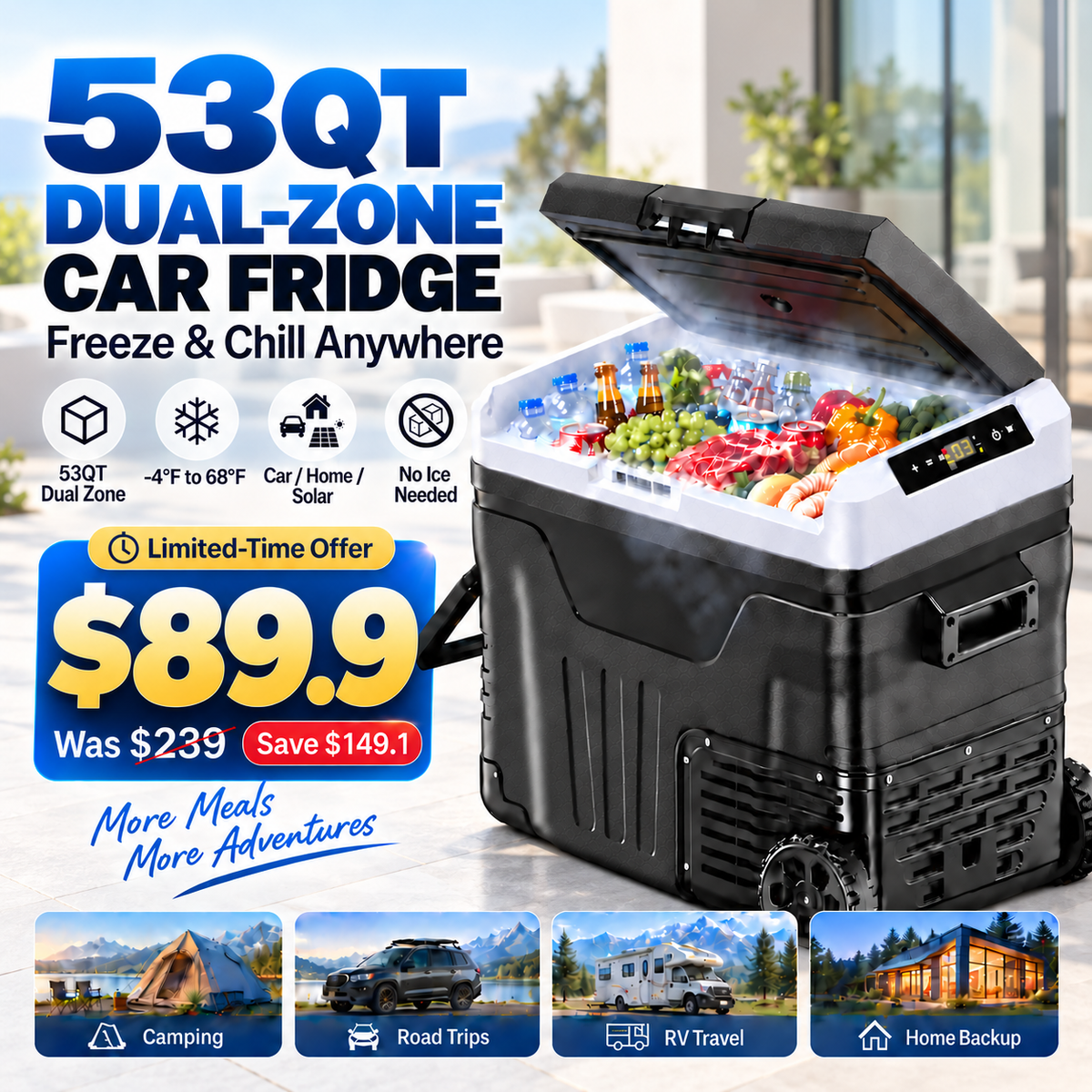 53QT 12V Portable Car Refrigerator – Dual Zone Fridge & Freezer