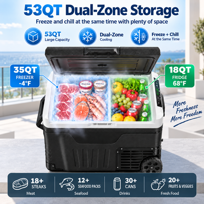 53QT 12V Portable Car Refrigerator – Dual Zone Fridge & Freezer