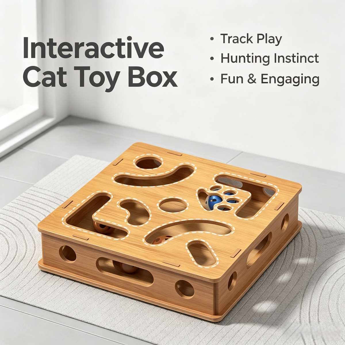 Wooden Cat Puzzle Toy Box with Feather Wand &amp; Bell Balls