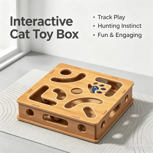 Wooden Cat Puzzle Toy Box with Feather Wand &amp; Bell Balls