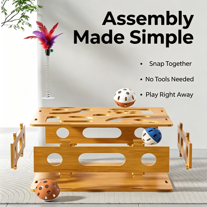 Wooden Cat Puzzle Toy Box with Feather Wand &amp; Bell Balls