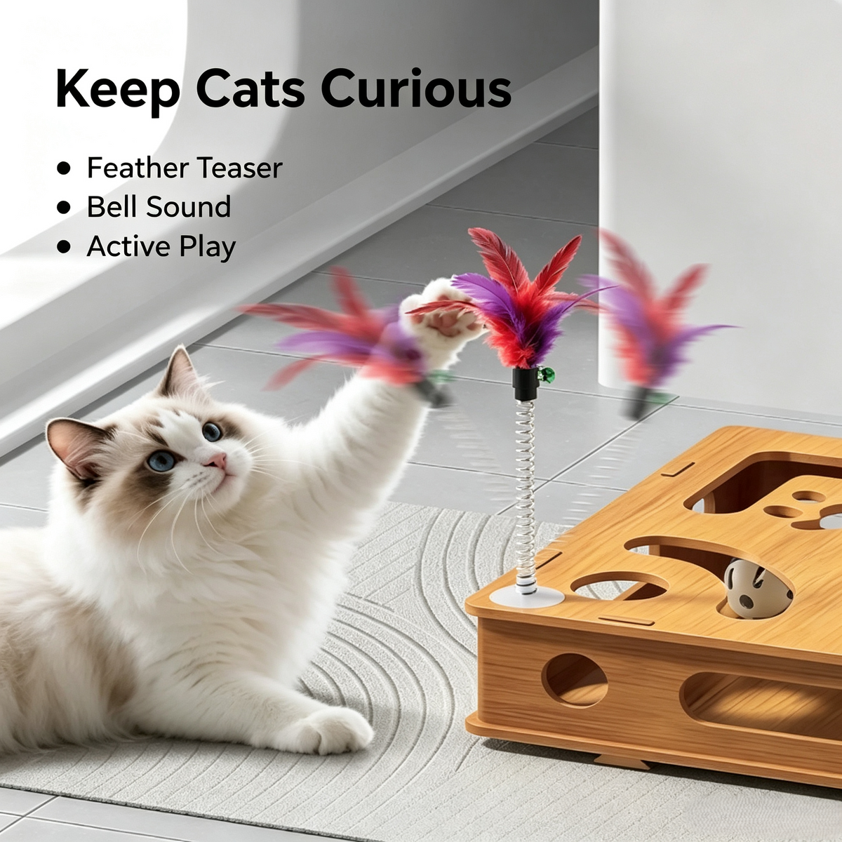 Wooden Cat Puzzle Toy Box with Feather Wand &amp; Bell Balls
