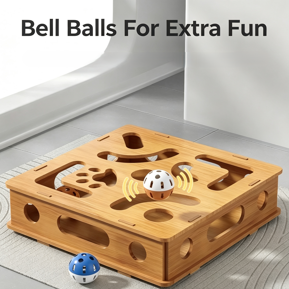 Wooden Cat Puzzle Toy Box with Feather Wand &amp; Bell Balls