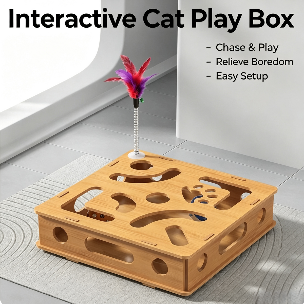 Wooden Cat Puzzle Toy Box with Feather Wand &amp; Bell Balls